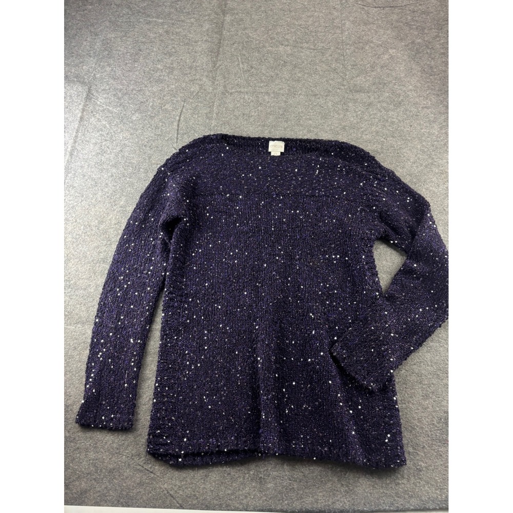 Chicos Purple Sequin Knit Sweater Womens 0 S Metallic Long Sleeve Fairy Grunge